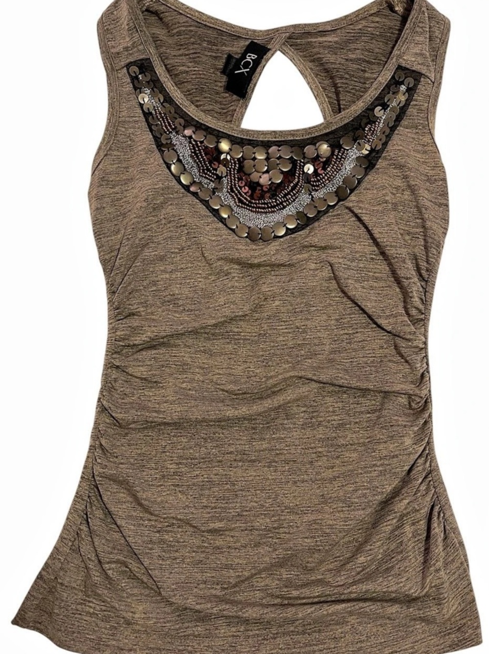 BCX Olive Green Embellished Beaded Sequin Ruched Open Back Tank Top